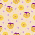 Yellow and violet pansies, seamless pattern