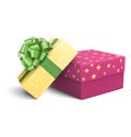 Yellow and Violet Pink Celebration Gift Boxes with Green Bow Iso Royalty Free Stock Photo