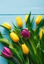 Yellow and violet tulips on blue wood background, copy space Royalty Free Stock Photo