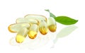 Yellow vitamin omega3 fish oil capsule on white background