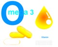 Yellow vitamin omega3 fish oil capsule on white background text Royalty Free Stock Photo