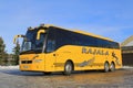 Yellow Volvo Coach Bus Parked in Winter