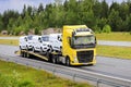 Yellow Volvo FH Vehicle Carrier Transports New Ford Vans