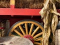Yellow Wagon Wheel On A Vintage Cart With Fall/autumn Harvest Season Vibes.