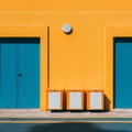 a yellow wall with blue doors and trash cans