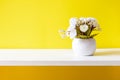 Yellow wall with flowers on shelf white wood. Royalty Free Stock Photo