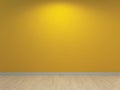 Yellow wall, interior background. Xanthous concrete plastering and light wooden floor.