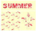 Yellow wallpaper, t-shirt print with summer lettering and offer with cute pink lovely flamingo