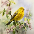 Yellow warbler on flowering branch,watercolor painting