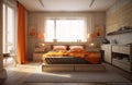 Yellow and warm modern bedroom with neutral wooden interior. AI Generative. Royalty Free Stock Photo