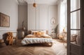 Yellow and warm modern bedroom with neutral wooden interior. AI Generative. Royalty Free Stock Photo