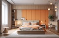 Yellow and warm modern bedroom with neutral wooden interior. AI Generative. Royalty Free Stock Photo