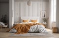 Yellow and warm modern bedroom with neutral wooden interior. AI Generative. Royalty Free Stock Photo