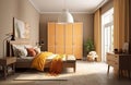 Yellow and warm modern bedroom with neutral wooden interior. AI Generative. Royalty Free Stock Photo