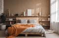 Yellow and warm modern bedroom with neutral wooden interior. AI Generative. Royalty Free Stock Photo