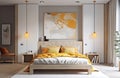 Yellow and warm modern bedroom with neutral wooden interior. AI Generative. Royalty Free Stock Photo