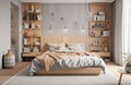 Yellow and warm modern bedroom with neutral wooden interior. AI Generative. Royalty Free Stock Photo