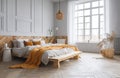 Yellow and warm modern bedroom with neutral wooden interior. AI Generative. Royalty Free Stock Photo