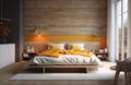 Yellow and warm modern bedroom with neutral wooden interior. AI Generative.