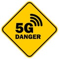 Yellow warning sign dealing with radiation from 5G radio waves which are believed to be harmful by conspiracy theories claiming it