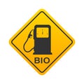 Yellow warning sign with the image of a biofuel pump. Warning about refueling