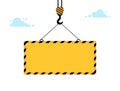 Yellow warning sign lowers crane on winch. Warning sign with blank space for text.