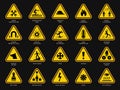 Yellow warning symbols. Triangle signs with danger symbols attention camera electrical hazard vector templates Royalty Free Stock Photo