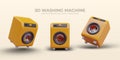 Yellow washing machine, static and dynamic position. Realistic illustrations with shadows