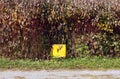 Yellow waste bin in park.