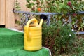 Yellow water bucket jug placed on stone steps in front of cottage door Royalty Free Stock Photo