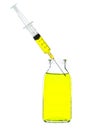 Yellow water in glass bottle and syringe Royalty Free Stock Photo