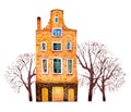 Yellow watercolor old stone europe house. Amsterdam building with trees. Hand drawn cartoon illustration