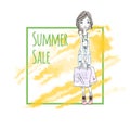 Yellow Watercolor Super Sale Banner. Girl with shopping bag. Vector design Elements, advertising illustration. Business Royalty Free Stock Photo