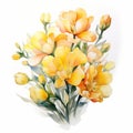 Yellow watercolour freesia summer flower illustration on white background