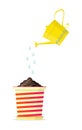 Yellow watering can above a flower pot. Vector Illustration.