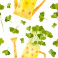 Yellow watering can with seedlings of radish. Bright spring crops. Royalty Free Stock Photo
