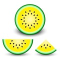 Yellow watermelon slice set, vector realistic isolated illustration in white background. Vector Royalty Free Stock Photo