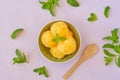 Yellow watermelon sorbet  ice cream with mint leaves. Top view Royalty Free Stock Photo