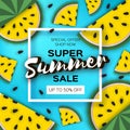 Yellow Watermelon Super Summer Sale Banner in paper cut style. Origami juicy ripe watermelon slices. Healthy food on