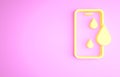 Yellow Waterproof mobile phone icon isolated on pink background. Smartphone with drop of water. Minimalism concept. 3d