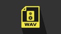 Yellow WAV file document. Download wav button icon isolated on grey background. WAV waveform audio file format for