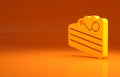 Yellow Wedding cake with heart icon isolated on orange background. Happy Valentines day. Minimalism concept. 3d