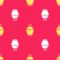 Yellow Wedding cake with heart icon isolated seamless pattern on red background. Vector