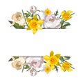 Yellow wedding horizontal botanical vector design banner. Daffodil, peonies, iris flowers with leaves and stems. Royalty Free Stock Photo