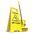 Yellow wet floor sign, bucket and mop 3D Royalty Free Stock Photo