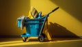 A yellow wheelbarrow carrying a cardboard box indoors for delivery generated by AI