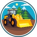 Yellow wheeled building bulldozer vector image in circle with mountain landscape during land works