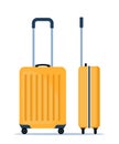 Yellow wheeled travel bag with hand. Plastic travel suitcase, front and side view. Vector illustration