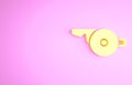 Yellow Whistle icon isolated on pink background. Referee symbol. Fitness and sport sign. Minimalism concept. 3d