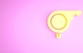 Yellow Whistle icon isolated on pink background. Referee symbol. Fitness and sport sign. Minimalism concept. 3d